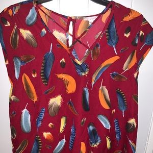 V-Neck Burgundy Bird Feather Pattern Blouse